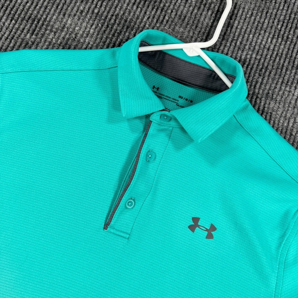 Under Armour Polo Shirt Mens Medium Teal Solid Short Sleeve Performance HeatGear